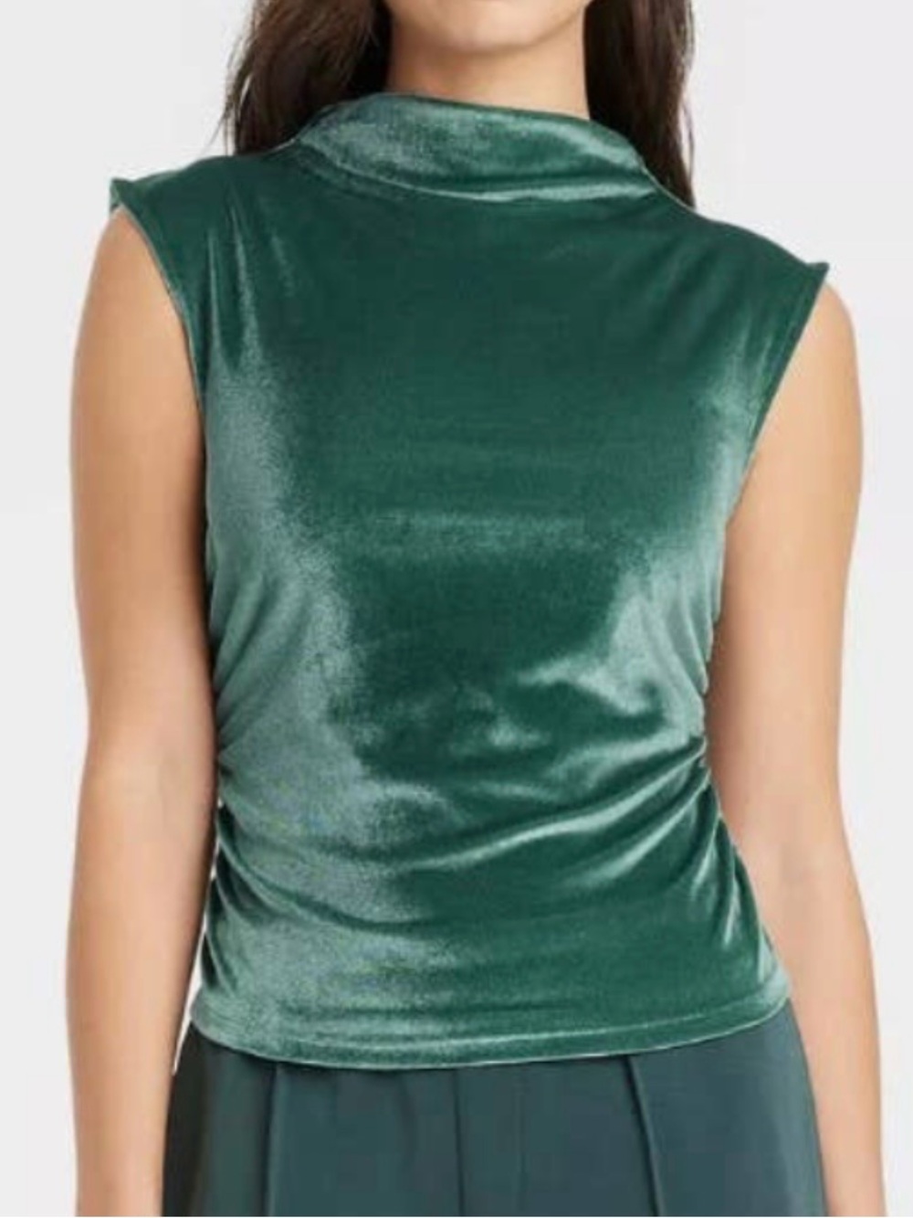 A New Day Size L Chic Emerald Green Ruched Velvet Sleeveless Top Winter Festive